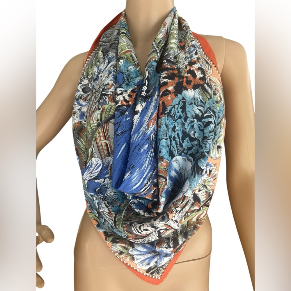 Wild Jungle Silk Square Scarf – Leopard & Peacock Print, Orange Border